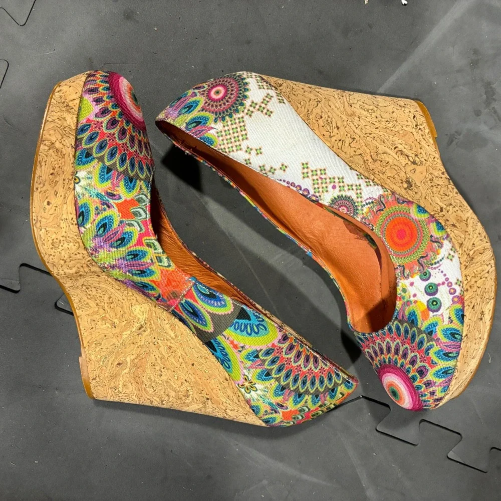 women Desigual Wedge Pumps size 38 Cork Platform Mandala Print Multi Color